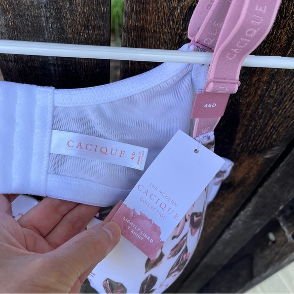 Cacique Lightly Lined T-Shirt Floral Bra NWT White Pink Green Sz 46D - Picture 3 of 10